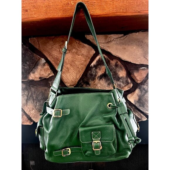 MAXX NEW YORK Green Pebbled Leather Buckle Satchel Handbag Shoulder Bag - Picture 1 of 9